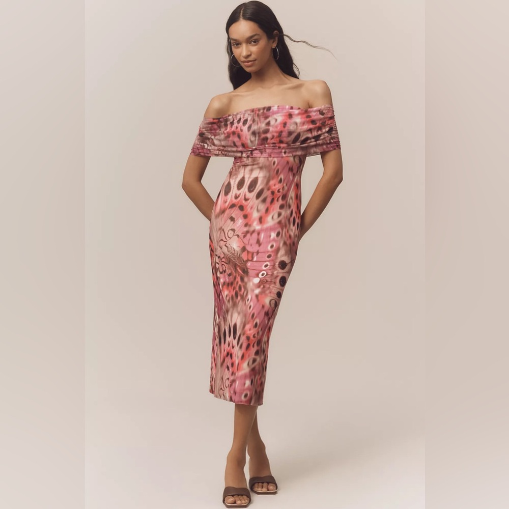 ANTHROPOLOGIE AFRM Zamora Off-The-Shoulder Mesh Midi Dress Berry NWT Small